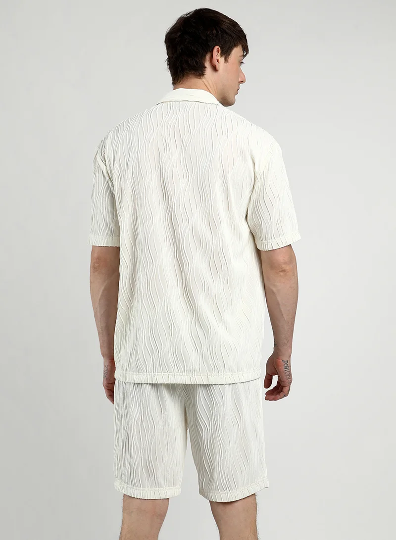CAHOOT  Men's Ivory White Self-Design Wave Co-Ord Set For Casual Wear | Cuban Collar | Short Sleeve | Button Closure | Co-Ords Crafted With Comfort Fit For Everyday Wear for Men | Best Price UAE